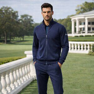 Men's Chervo Full Zip Navy Blue Lined Knit Windbreaker Jacket Size Large